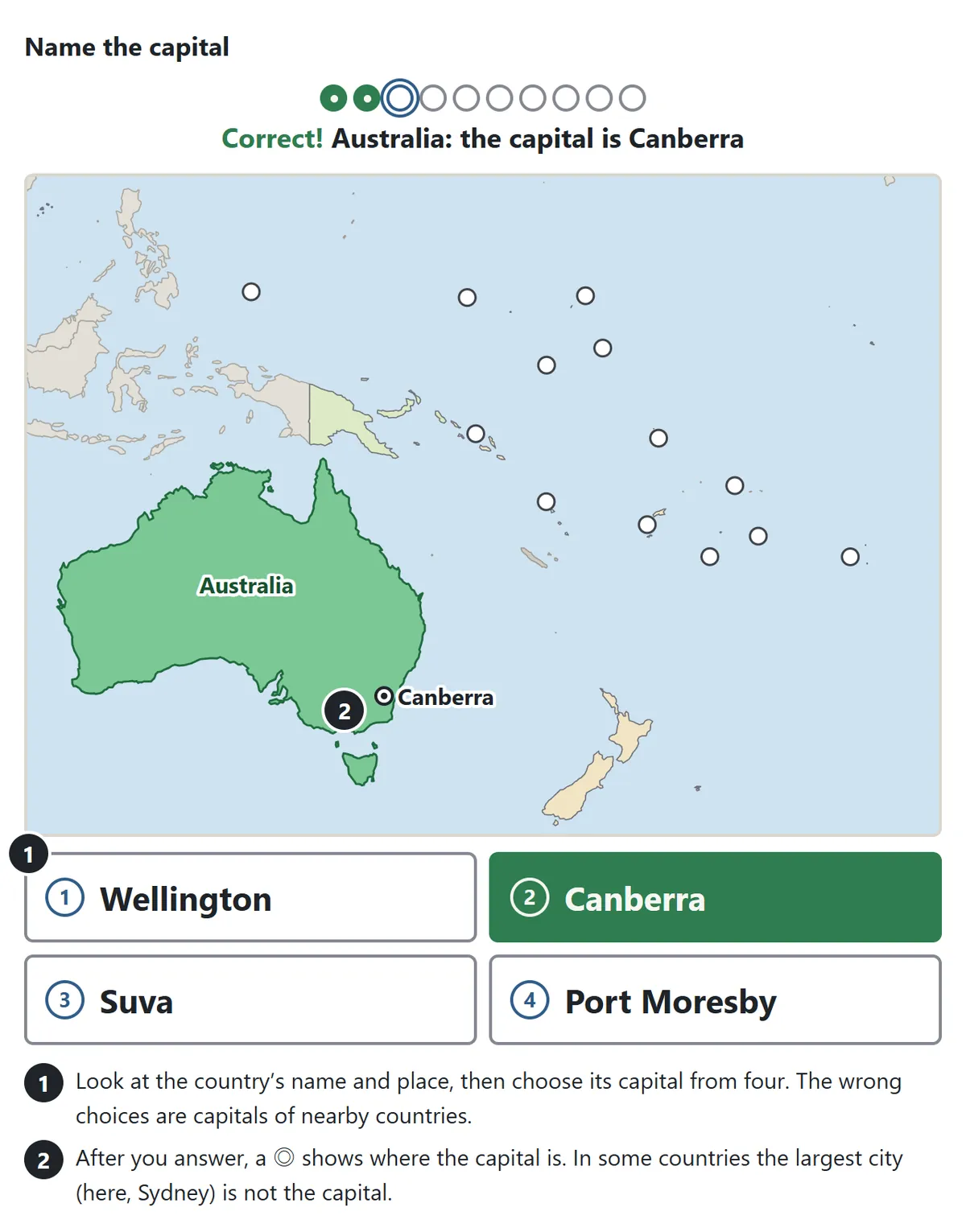 A map of Oceania with Australia in green and Canberra marked with a double circle. Four buttons below: Wellington, Canberra, Suva and Port Moresby