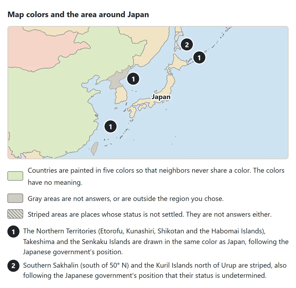 The map around Japan. The Northern Territories, Takeshima and the Senkaku Islands are in Japan’s color, and southern Sakhalin and the northern Kuril Islands are striped. A legend explains the five country colors, gray areas and striped areas