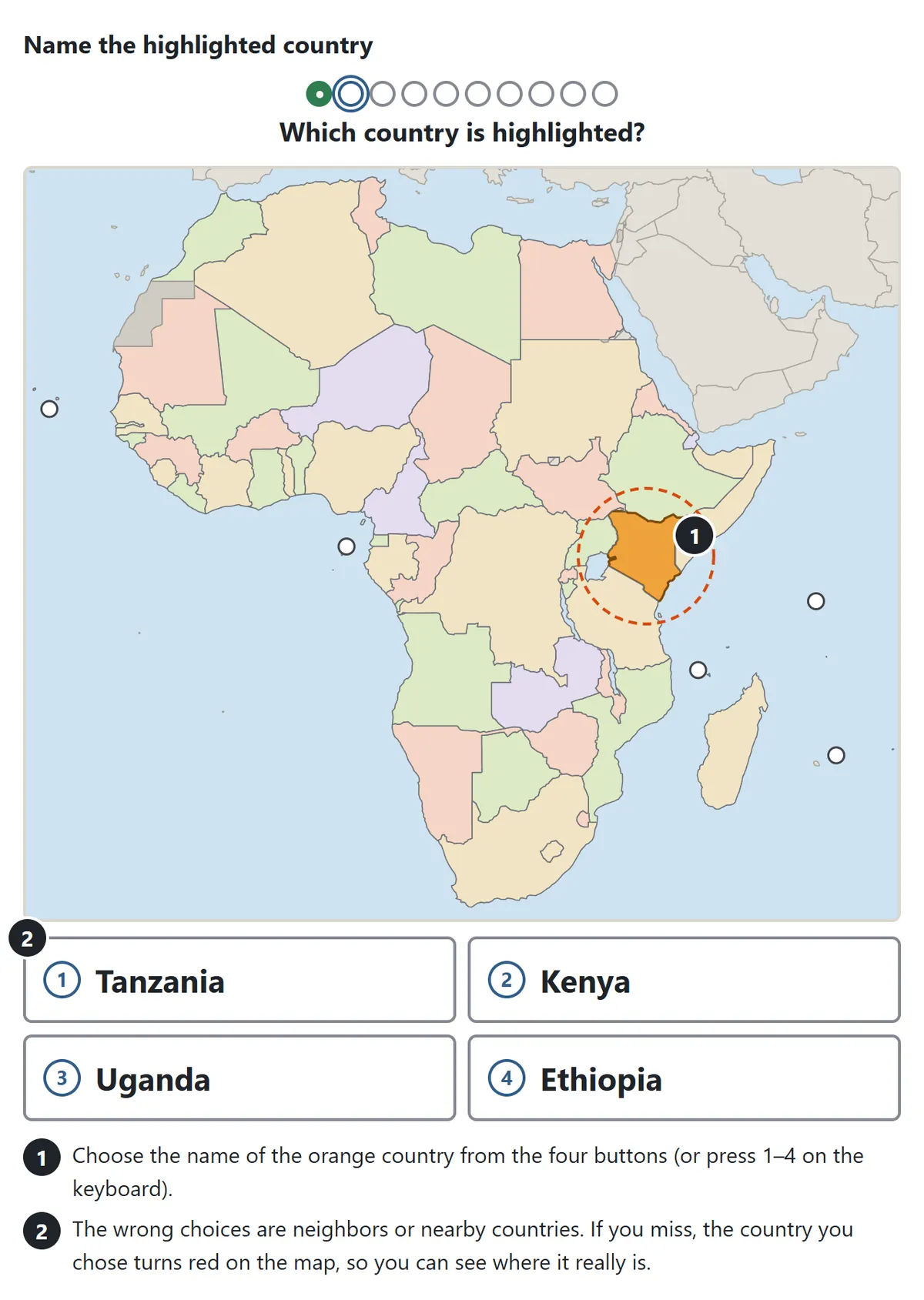A map of Africa with Kenya highlighted in orange. Four buttons below: Tanzania, Kenya, Uganda and Ethiopia. Note 1: choose the name of the orange country. Note 2: the wrong choices are neighbors or nearby countries