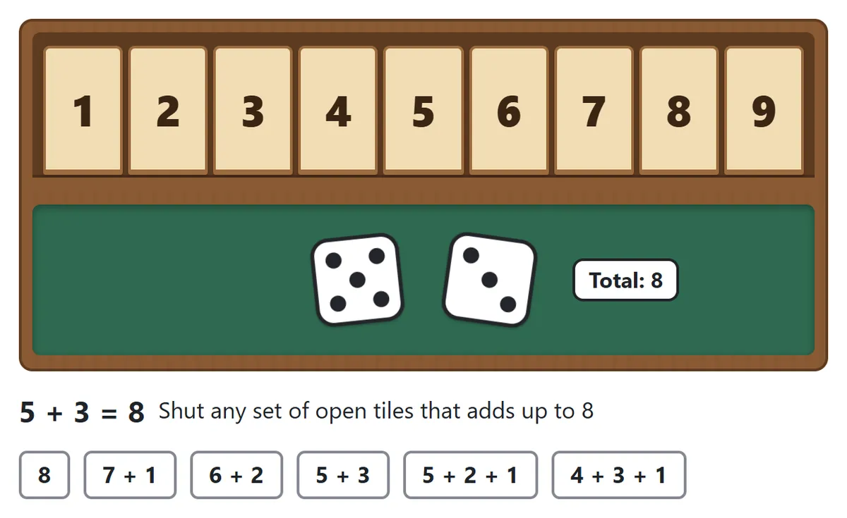 A box with tiles 1 to 9 all open and dice showing 5 and 3. The six ways to make 8 are listed: 8, 7 + 1, 6 + 2, 5 + 3, 5 + 2 + 1 and 4 + 3 + 1