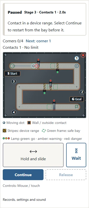 A device contact: ①the red ring marks contact and ②the marker has returned to the bay before it. Select Continue to resume.