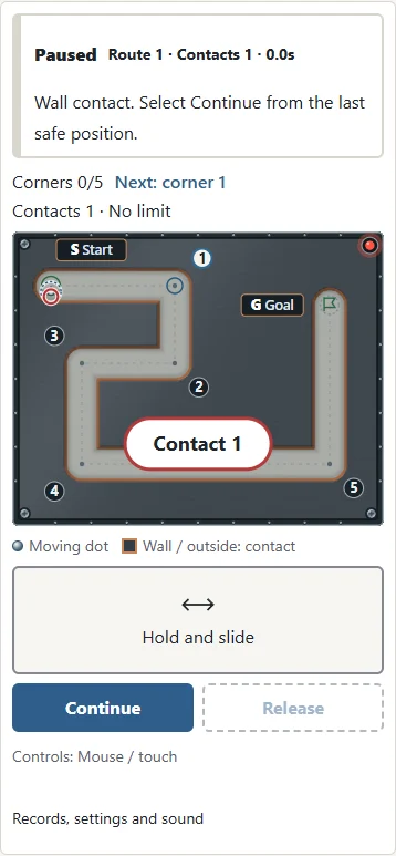 A classic-route wall contact: ①the red ring marks contact. Select ②Continue to resume from the last safe position.