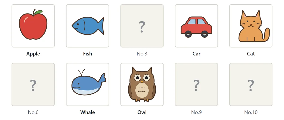 The Album. Finished pictures – apple, fish, car, cat, whale and owl – appear in color with their names; unfinished ones show a question mark and a number