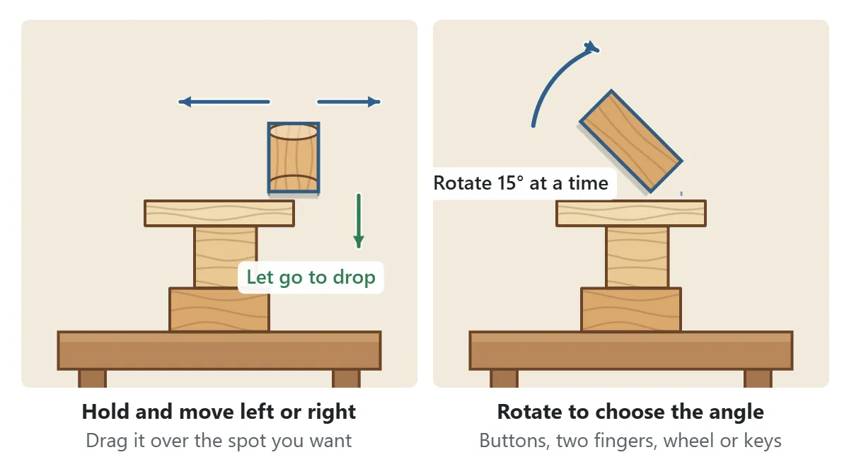 Controls: on the left a block is dragged left or right above the tower and drops straight down when released; on the right a brick is rotated at an angle, with a curved arrow and the label Rotate 15 degrees at a time