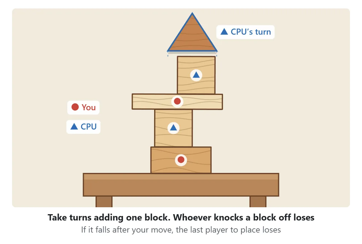 A two-player game: blocks placed by you have red circle marks, blocks placed by the CPU have blue triangle marks, and the CPU is holding a triangle at the top