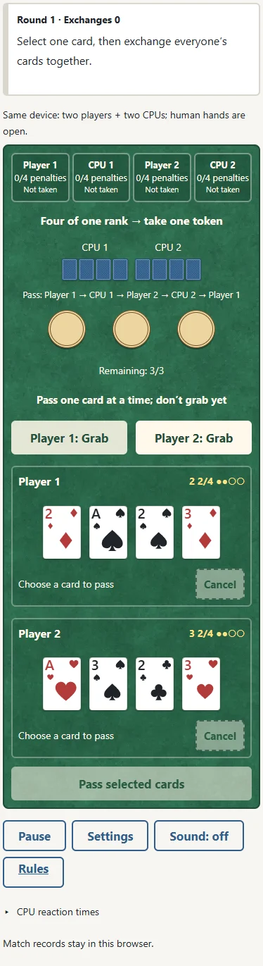 1. Both human hands are open. Each player chooses one card before the simultaneous pass. 2. Use separate Player 1 and Player 2 Grab buttons; the central tokens do not choose a human player.