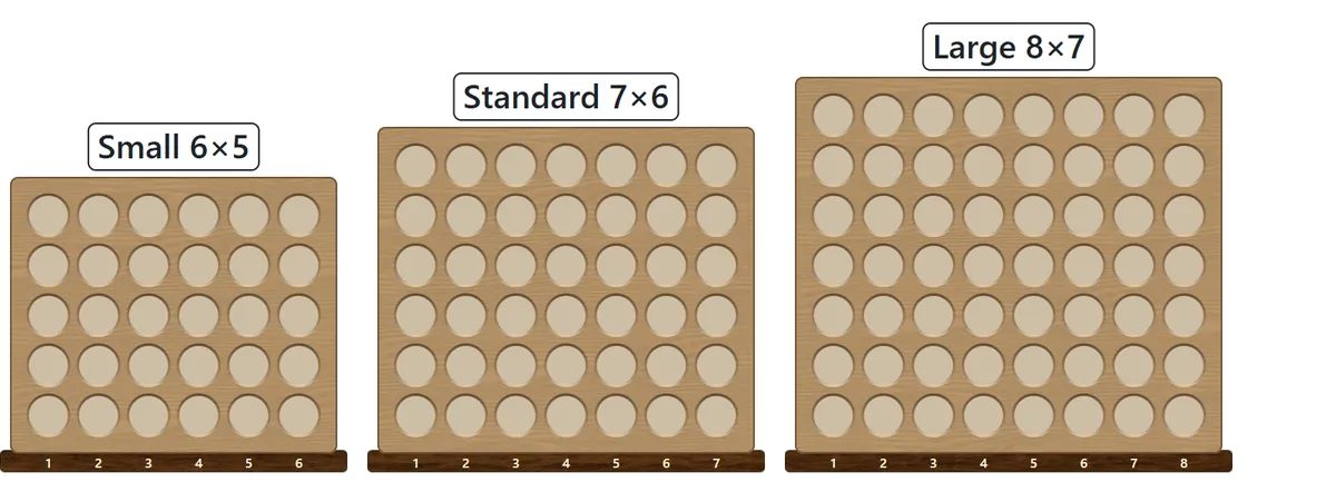 Three empty boards drawn to the same scale: 6 columns by 5 rows, 7 by 6, and 8 by 7