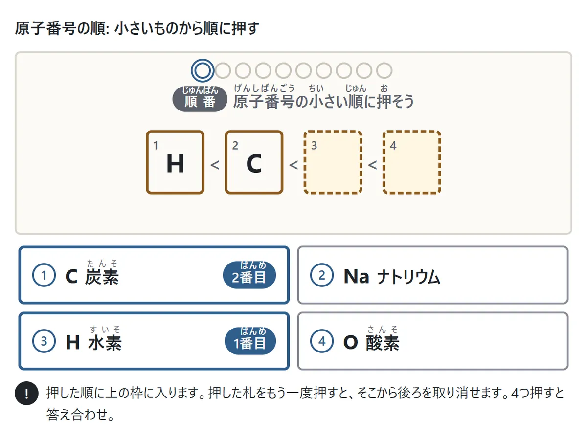 原子番号の順の問題の図。水素・炭素・酸素・ナトリウムの4つの札が並び、2つ押したところ。押した順に上の枠の1と2に入っている