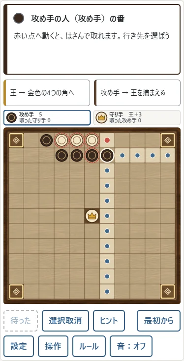 ①辺の守り駒3つと、その内側に並ぶ攻め駒。②右端の点へ動いて両端を閉じると、盾の壁で3つ取ります。