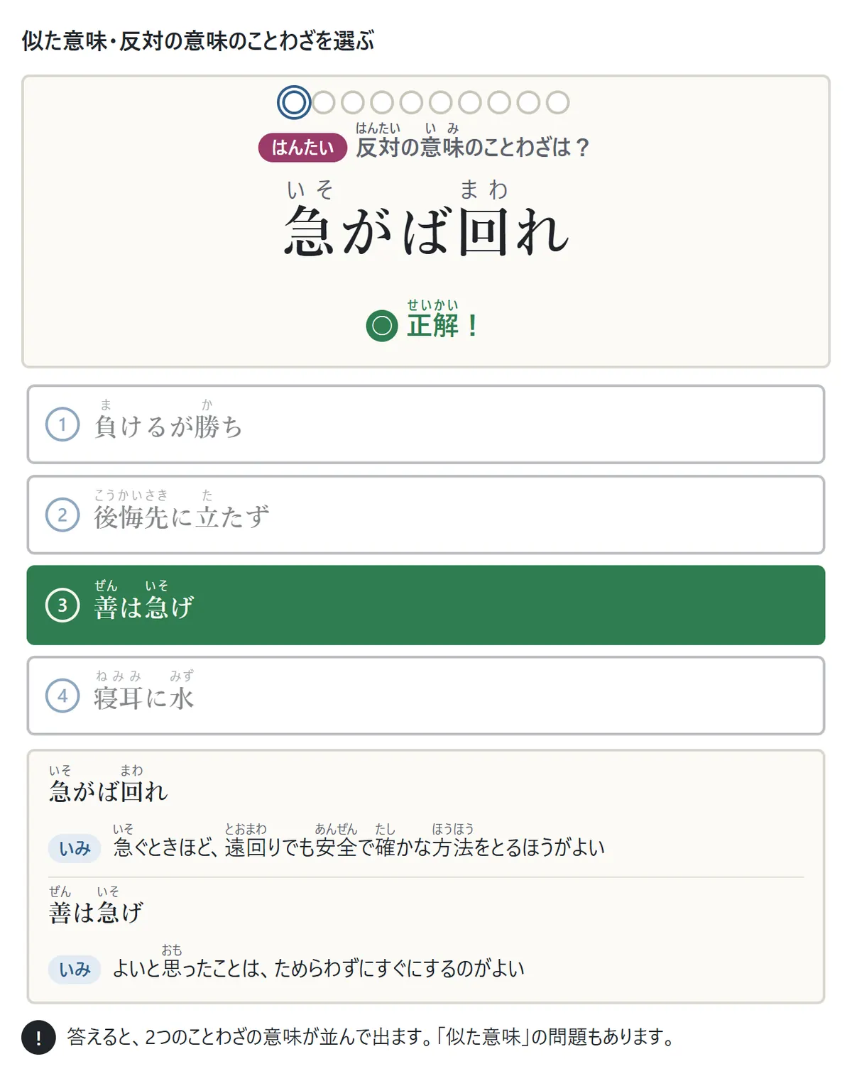 にたいみ・はんたいのいみの問題の図。「急がば回れ」とはんたいのいみのことわざは?の問いに、選択肢の中の「善は急げ」が正解。答えたあと、2つのことわざの意味が並んで出る