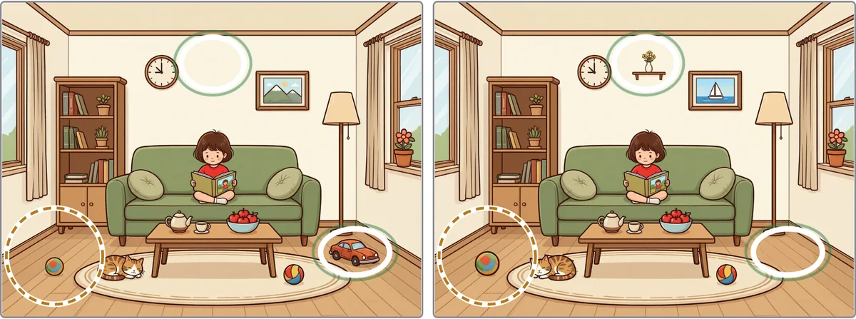 見つけた2か所の緑の丸と、未発見の違いがある辺りを囲むオレンジの円が、両方の絵に出ている。