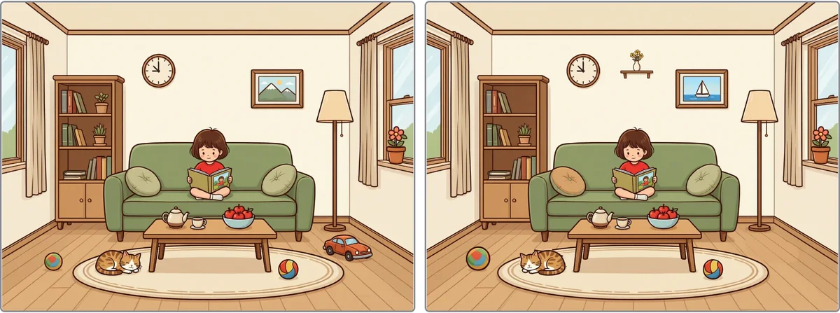 部屋の2枚の絵。車や植木鉢、小棚の有無、壁の絵の中身、クッションの色、ボールの大きさ、ねこの向きが異なる。
