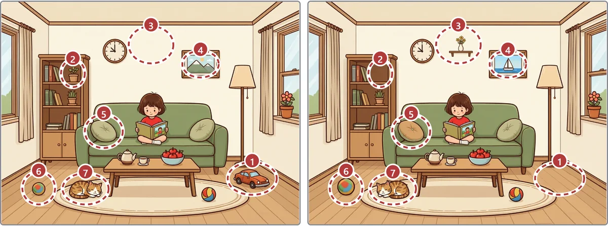 答えを見るで表示したむずかしいの部屋の絵。7か所の見のがしに、両方の絵で番号付き赤い点線が付いている。