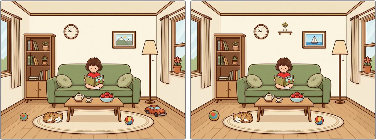 部屋の2枚の絵が左右に並び、同じ場所どうしを見比べられる。