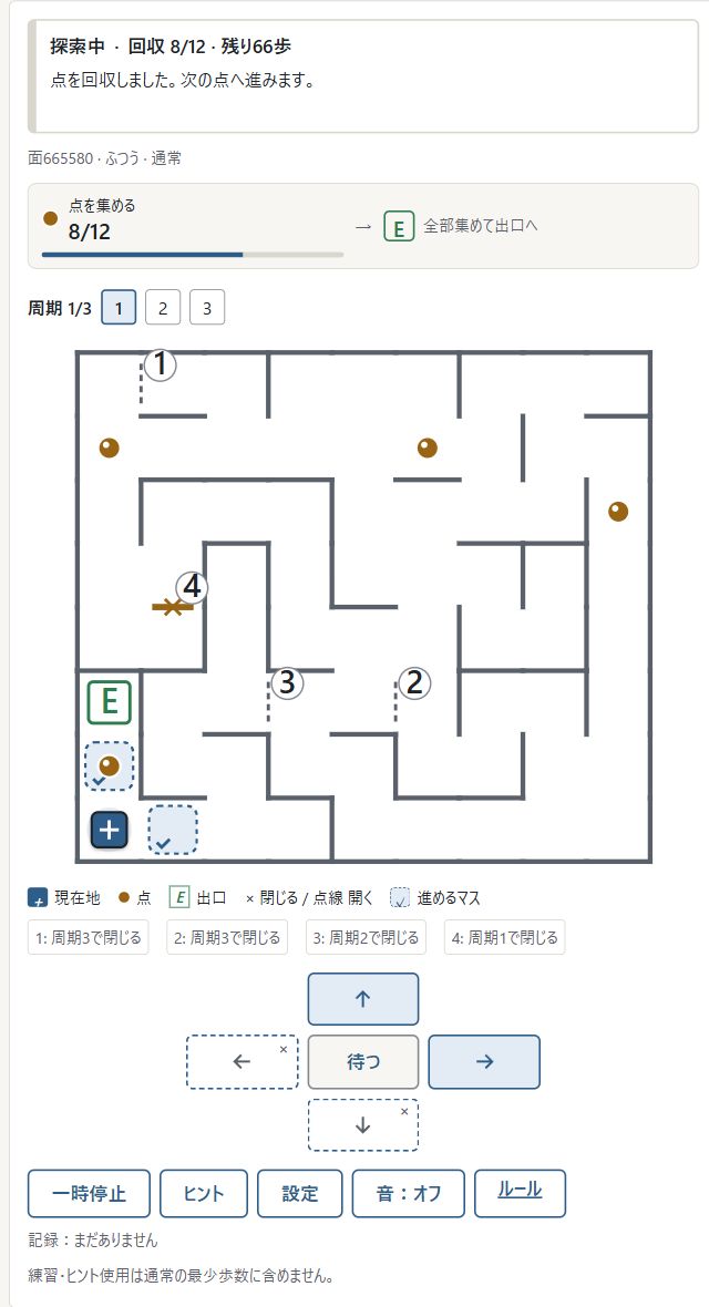 ①回収数が増え、②進んだマスの点が消えます。③点へ入るだけで回収できます。