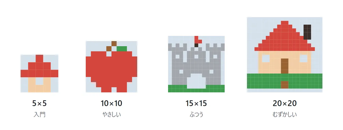 完成した絵の例が4つ。5×5のおうち、10×10のりんご、15×15のお城、20×20の庭のある家