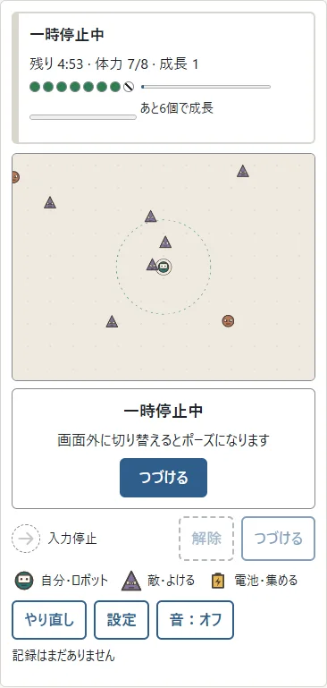 接触すると体力が1つ減ります。①自分の小さな外輪が出る間は短い保護時間。②欠けた印が減った体力です。この間に重なった敵から離れます。