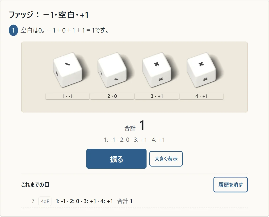 ファッジ4個の実画面。−1、空白0、+1、+1で合計1