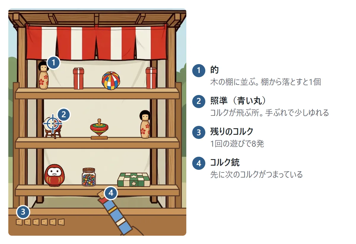台の図。1 木の棚に的が並ぶ。2 青い丸が照準で、コルクが飛んでいく所。3 手前のカウンターに残りのコルクが並ぶ。4 右下のコルク銃の先に、次のコルクがつまっている