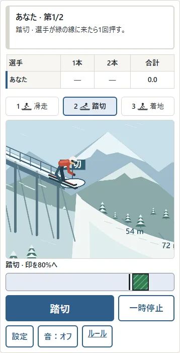 ①選手が緑の線へ来たら、②画面か「踏切」を1回押します。